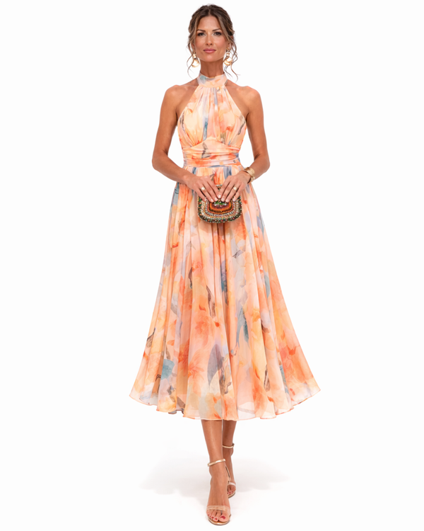 Aurora – Vestido com decote halter e estampado em aguarela